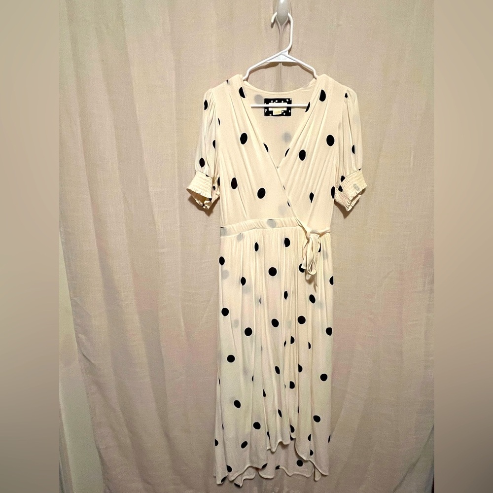 Anthropologie Ivory and Black Polka Dot Wrap Midi Dress